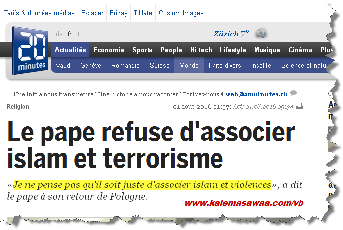 pape Franois refuse tout amalgame entre Islam terrorisme